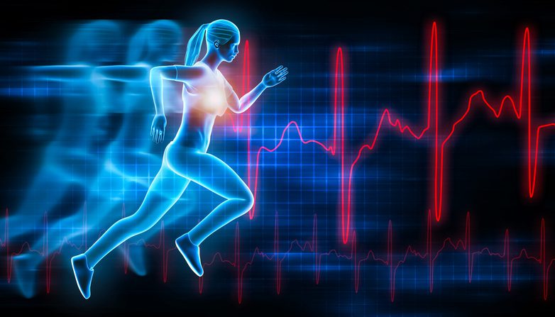 Sportswoman or sporty woman running fast with futuristic hologram effect and ekg curves. Sport, run, health, fitness, workout, medical, science, 3d rendering illustration.